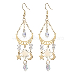 Moon & Star & Sun Alloy Chandelier Earrings, Glass Long Drop Earrings, Golden, 80x22mm(EJEW-JE05719)