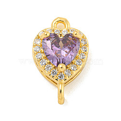 Brass Pave Cubic Zirconia Connector Charms, Heart Links, Golden, Medium Orchid, 15x9x6mm, Hole: 1.2mm(KK-Z072-06G-07)