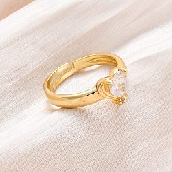 Adjustable Brass Micro Pave Clear Cubic Zirconia Finger Rings for Women, Heart, Rack Plating, Cadmium Free & Lead Free, Lasting Plated, Real 18K Gold Plated, Inner Diameter: 17mm(RJEW-U043-02G)