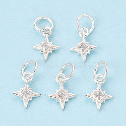 925 Sterling Silver Pave Clear Cubic Zirconia Star Charms, Silver, 10x7~7.5x1.5mm, Jump Ring: 5x0.5mm, Inner Diameter: 4mm(STER-T009-15S)