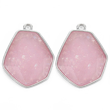 Faceted Glass Pendants, with Alloy Settings, Cadmium Free & Lead Free, Hexagon, Platinum Plated, Pink, 38x29x6.5mm, Hole: 3mm