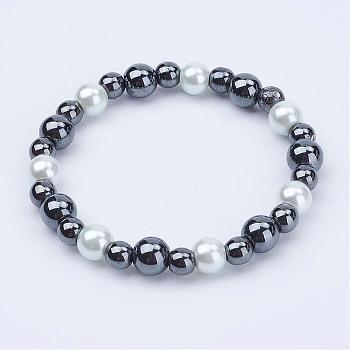 Pearlized Glass Round Beads Stretch Bracelets, with Non-Magnetic Synthetic Hematite Beads, White, 52mm
