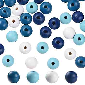 160 Pcs 4 Colors Summer Ocean Marine Style Painted Natural Wood Round Beads, with Waterproof Vacuum Packing, for DIY Crafts, Marine Blue & Light Sky Blue & Deep Sky Blue & White, 16mm, Hole: 4mm, 40pcs/color