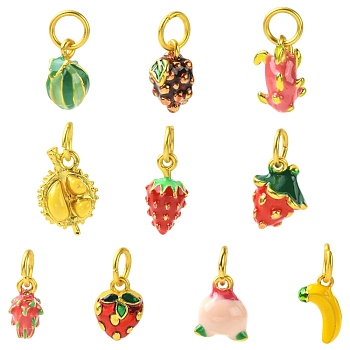 10Pcs 10 Styles Alloy Enamel Charms, with Jump Ring, Fruits Charms, Mixed Shapes, Golden, Mixed Color, 12~17x7.5~16x5~11mm, Hole: 5mm, 1pc/style