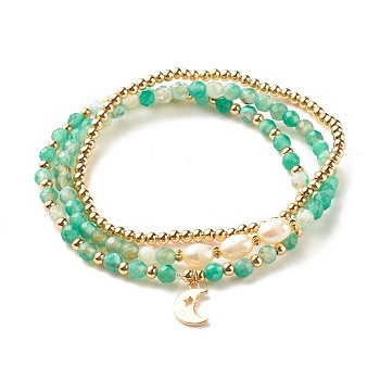 3Pcs Natural Agate & Pearl Beaded Stretch Bracelets Set, Brass Moon Charm Bracelets for Women, Medium Sea Green, Inner Diameter:  2-1/8~2-1/4 inch(5.5~5.6cm)