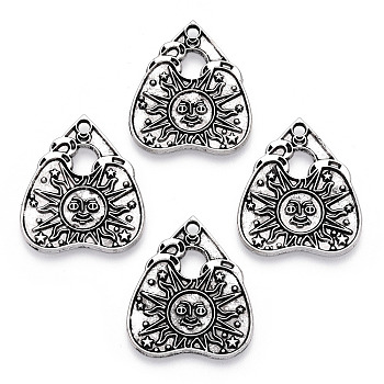 Tibetan Style Alloy Pendants, Heart with Sun Pattern, Antique Silver, 26x22.5x1mm, Hole: 1.8mm
