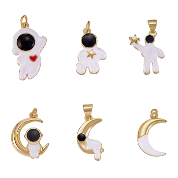 6Pcs 6 Style Eco-friendly Brass Enamel Pendants, Long-Lasting Plated, Real 18K Gold Plated, Cadmium Free & Lead Free, Astronaut, White, 18.5~24x11~14x2~3mm, Hole: 2.8~4mm,  1pc/style