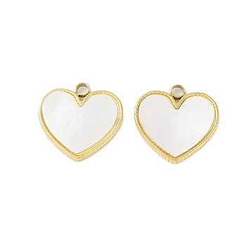 Natural Shell Charms, Ion Plating(IP) 304 Stainless Steel Heart Charms, Manual Polishing, Real 18K Gold Plated, 12.5x12.5x1.5mm, Hole: 1.6mm