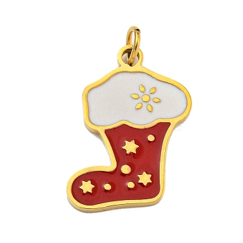 Christmas Theme Ion Plating(IP) 304 Stainless Steel Pendants, with Enamel and Jump Ring, Golden, Christmas Socking, 16.5x13x1mm, Hole: 2.5mm