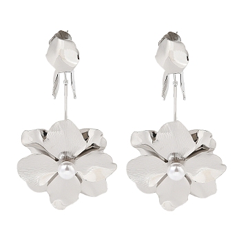 Flower Iron Dangle Stud Earrings, with Alloy Pin and Imitation Pearl, Platinum, 102x53mm