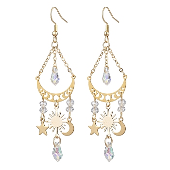 Moon & Star & Sun Alloy Chandelier Earrings, Glass Long Drop Earrings, Golden, 80x22mm