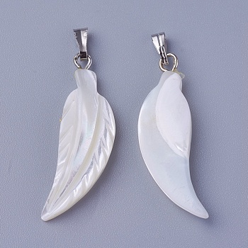Shell Pendants, with Brass Findings, Feather, Platinum, 29.5~31x9~13x3~4mm, Hole: 1.5x5mm