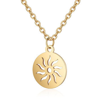 201 Stainless Steel Pendants Necklaces, Flat Round with Sun, Golden, 16.3 inch(40cm)x1mm