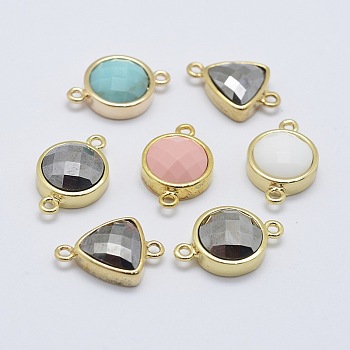 Glaze & Faceted Mixed Stone Links connectors, with Brass Finding, Mixed Shapes, Golden, 11~12x18~19x5~6mm, Hole: 1mm