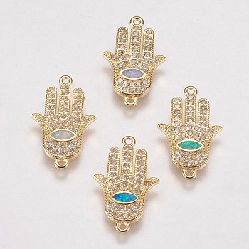 Brass Micro Pave Cubic Zirconia Links, with Synthetic Opal, Hamsa Hand/Hand of Fatima/Hand of Miriam with Horse Eye, Golden, Mixed Color, 19x12x2mm, Hole: 1mm