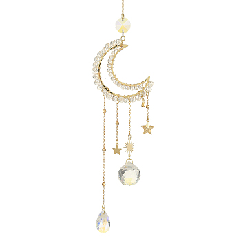 Glass Teardrop Pendant Decoration, Hanging Suncatchers, with Brass Moon Link and 304 Stainless Steel Star Charm, Golden, 325mm