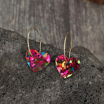 Resin Hoop Earrings, Heart, Golden, Medium Violet Red, 50x21mm