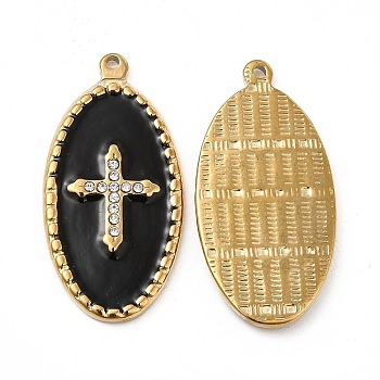 Vacuum Plating 201 Stainless Steel Enamel Pendants, with Rhinestones, Real 18K Gold Plated, Oval with Cross Charm, Black, 33x16.5x2.5mm, Hole: 1.2mm