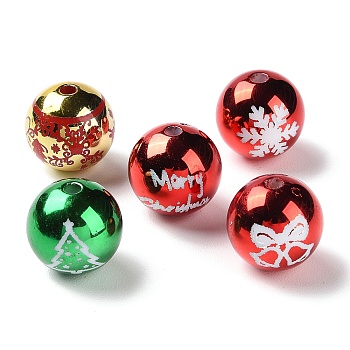 UV Plated & Printed Acrylic Beads, Christmas Theme, Iridescent, Round with Snowflake/Christmas Bell/Christmas Tree Pattern, Mixed Color, 15.5mm, Hole: 3mm