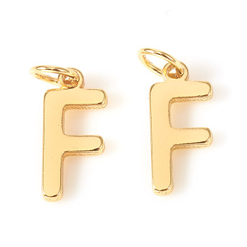 Brass Charms, with Jump Rings, Letter, Real 18K Gold Plated, Letter.F, F: 10x4.5x1mm Hole: 2.5mm