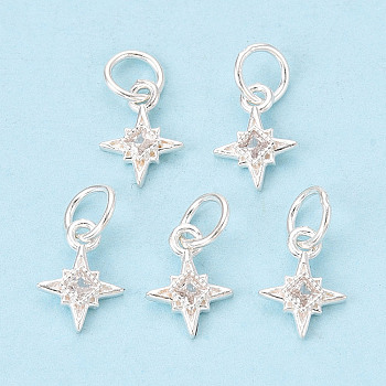 925 Sterling Silver Pave Clear Cubic Zirconia Star Charms, Silver, 10x7~7.5x1.5mm, Jump Ring: 5x0.5mm, Inner Diameter: 4mm
