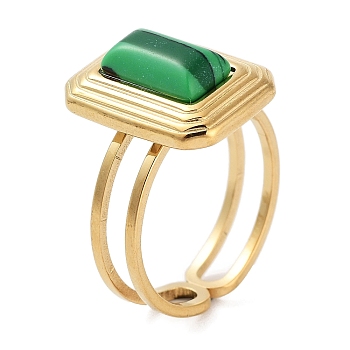 Ion Plating(IP) 304 Stainless Steel Ring, Adjustable Synthetic Malachite Rings, Rectangle, 12x16mm, Inner Diameter: Adjustable