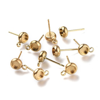 Ion Plating(IP) 304 Stainless Steel Stud Earring Settings, with Loop, Flat Round, Golden, Flat Round: 9x6.3mm, Hole: 1.8mm, Pin: 0.8mm, Tray: 4mm