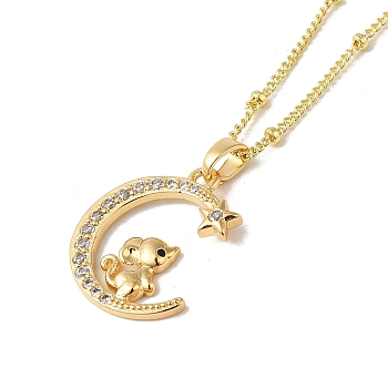 Brass Micro Pave Clear Cubic Zirconia Pendants Necklaces, The 12 Animals of the Chinese Zodiac, Real 18K Gold Plated, Mouse, 17.28 inch(43.9cm)