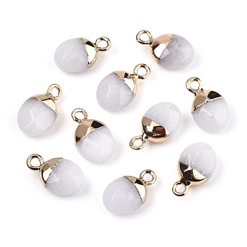 Natural White Jade Charms, Top Light Gold Plated, with Iron Loop, Oval, Faceted, Dyed & Heated, 14~15x8x5mm, Hole: 1.8mm