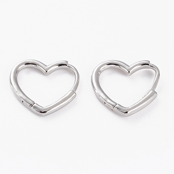Brass Huggie Hoop Earrings, Long-Lasting Plated, Heart, Platinum, 14x15x1.5mm, Pin: 1mm