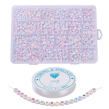 1200Pcs DIY Acrylic Bead Stretch Bracelets Kits for Children's Day, Including Flat Round Beads and Clear Elastic Crystal Thread, Letter & Heart, White, 7x7x3.5mm, Hole: 1.8mm, 1200pcs/Box