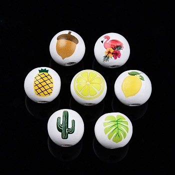 Summer Theme Printed Wooden Beads, Round, Mixed Color, Summer Themed Pattern, 15.5~16x15mm, Hole: 3.5mm