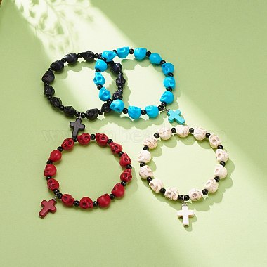 Natural Mashan Jade Skull Beaded Stretch Bracelet with Synthetic Turquoise(Dyed) Cross Charm(BJEW-JB08378)-2