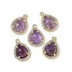 Natural Amethyst Faceted Teardrop Pendants, Brass Micro Pave Clear Cubic Zirconia Drop Charms, Rack Plating, Long-Lasting Plated, Golden, 16.5x12x5mm, Hole: 1.2mm(G-U028-02G-03)