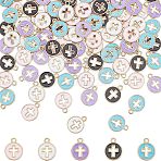 100Pcs 5 Colors Light Gold Plated Alloy Enamel Pendants, Flat Round with Cross, Mixed Color, 15x12x1.5mm, Hole: 1.6mm, 20pcs/color(ENAM-NB0001-46)