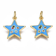 Brass Micro Pave Cubic Zirconia Enamel Charms, with Jump Rings, Nickel Free, Star, Real 16K Gold Plated, Dodger Blue, 15x13.5x2mm, Jump Ring: 5x0.8mm, 3mm inner diameter(ZIRC-Q200-025B-NF)