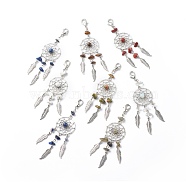 8Pcs Woven Net/Web with Feather Pendant Decoration, with Gemstone Beads, Lobster Clasp Charms, Clip-on Charms, for Keychain, Purse, Backpack Ornament, Stitch Marker, 107mm(HJEW-JM00769)