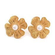 304 Stainless Steel with Plastic Imitation Pearl Stud Earrings for Women, Flower, Golden, 27x27mm(EJEW-Z057-11G)