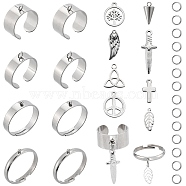 DIY Charm Finger Ring Making Kit, Including 304 Stainless Steel Loop Ring Bases & Jump Rings & Pendants, Cross & Sword & Cone & Peace Sign & Wing, Antique Silver & Stainless Steel Color, 36Pcs/box(DIY-SC0023-60)