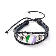 PU Leather Braided Cord Multi-strand Bracelet, Flat Round with Stripe Pattern Alloy Links and Beads Bracelet for Men Women, Platinum, Green, Inner Diameter: 2-1/4~ 3-1/4 inch(5.8~8.2cm)(BJEW-F427-01G)