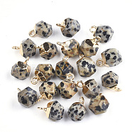 Electroplate Natural Dalmatian Jasper Star Cut Round Charms, with Iron Findings, Faceted, Golden, 11~12x8x8mm, Hole: 1.5mm(G-S344-08D)