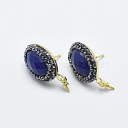 Natural Lapis Lazuli Stud Earring Findings, with Polymer Clay Rhinestone and Brass Findings, Oval, Golden, 18mm, Pin: 0.7mm(RB-L031-20G)