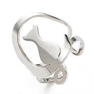 304 Stainless Steel Open Cuff Ring, Moon with Cat, Stainless Steel Color, Inner Diameter: 17mm(RJEW-F149-03P)