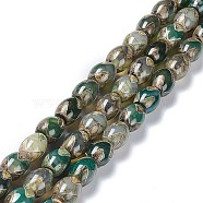 Tibetan Style dZi Beads Strands, Natural Agate Beads, Dyed & Heated, Oval, Mountain Pattern, 13~14x9.5~10mm, Hole: 1.2mm, about 25pcs/strand, 13.39''(34cm)(TDZI-E005-01M)