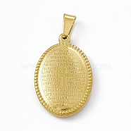 Vacuum Plating 304 Stainless Steel Pendants, Oval Charms with Cross, Religion, Golden, 27.5x18x4mm, Hole: 5.5x3.5mm(STAS-P315-12B-G)