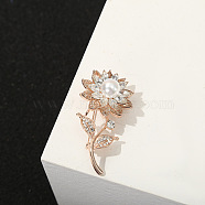 Alloy Rhinestone Brooches for Women, Sunflower Anti-emptied Sweater Shawl Corsage Pins, with Plastic Imitation Pearl, Light Gold, 51x29mm(PW23091641005)