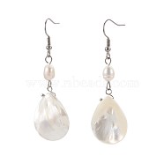 Natural Spiral Shell Beads Dangle Earrings, with Natural Freshwater Pearl, 304 Stainless Steel Earring Hooks, 59~61mm(EJEW-JE02895)