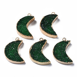 Natural Druzy Agate Pendants, Dyed, with Golden Plated Brass Edge and Loop, Moon, Dark Green, 28~31.5x21~22.5x7.5~10.5mm, Hole: 2mm(G-Q998-037E)