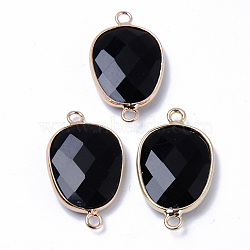 Natural Black Agate Links Connectors, with Light Gold Plated Edge Brass Loops, Oval, Faceted, 30.5~31.5x17.5x5~6mm, Hole: 2mm(G-R472-01E)
