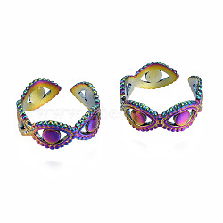 Evil Eye Lucky Cuff Rings, Hollow Wide Open Rings, Rainbow Color 304 Stainless Steel Rings for Women, Multi-color, US Size 7 1/4(17.5mm)(RJEW-N038-023)